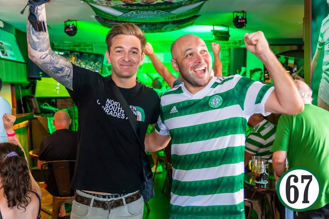 Celtic fans on the steps at Bar 67