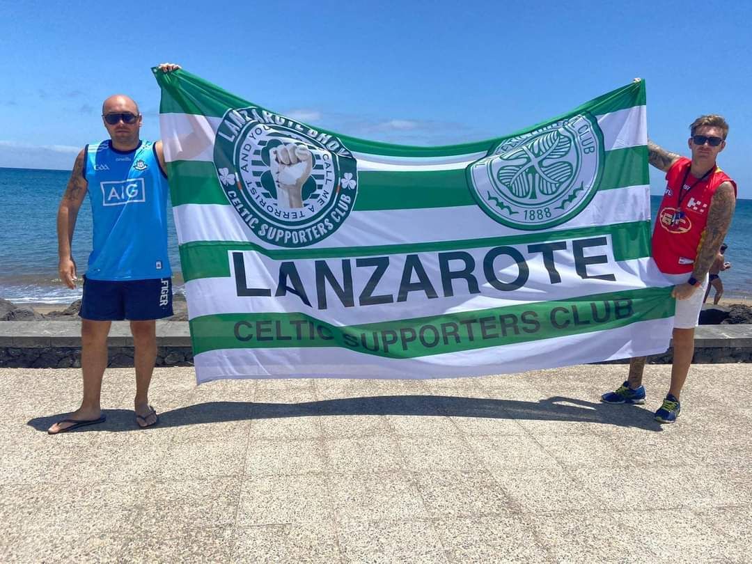 David and Wayne with the Lanzarote Celtic Supporters Club flag